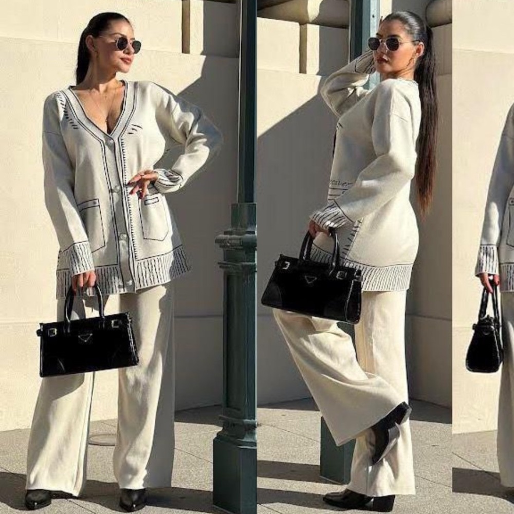 Elegant Cream Women's Pants & Jacket Knit Set